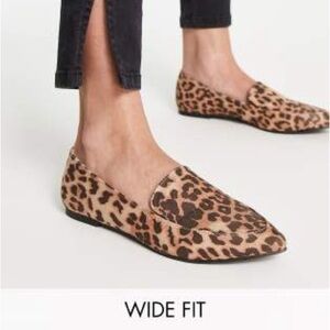 London rebel wide fit pointed flat loafers in leopard